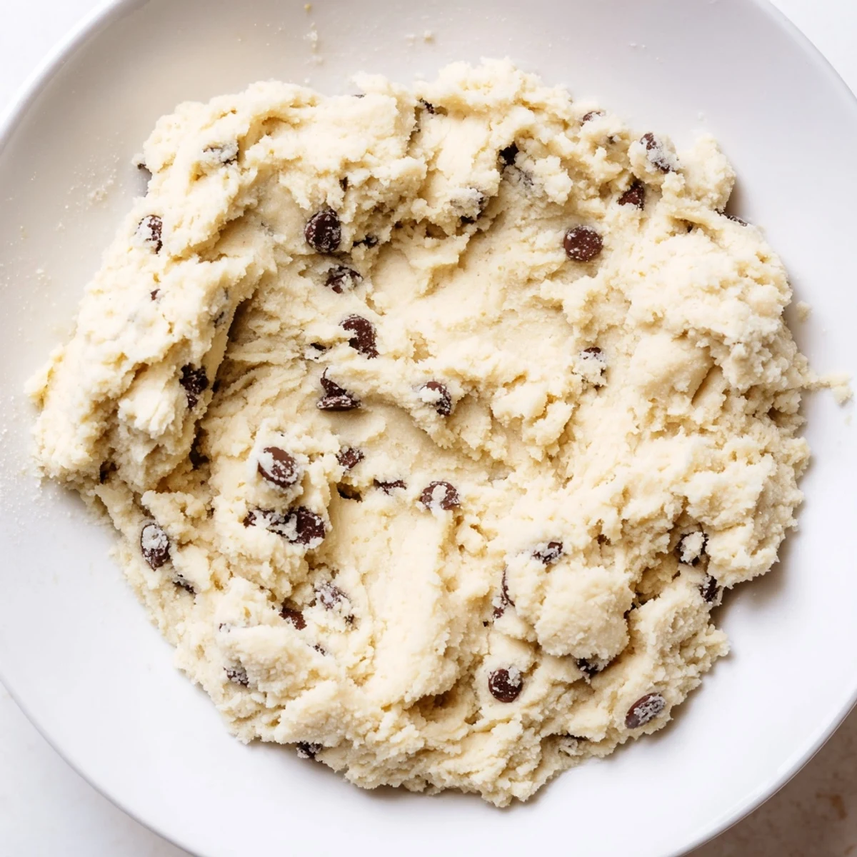 A scoop of Edible Keto Cookie Dough on a wooden board, with sugar-free chocolate chips glistening.