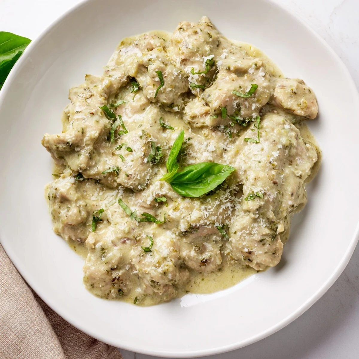 Golden Pesto Ranch Crock Pot Chicken Thighs served over steamed rice with fresh basil garnish.