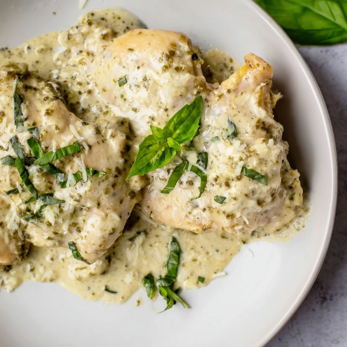 Juicy Pesto Ranch Crock Pot Chicken Thighs next to roasted vegetables on a rustic wooden table.