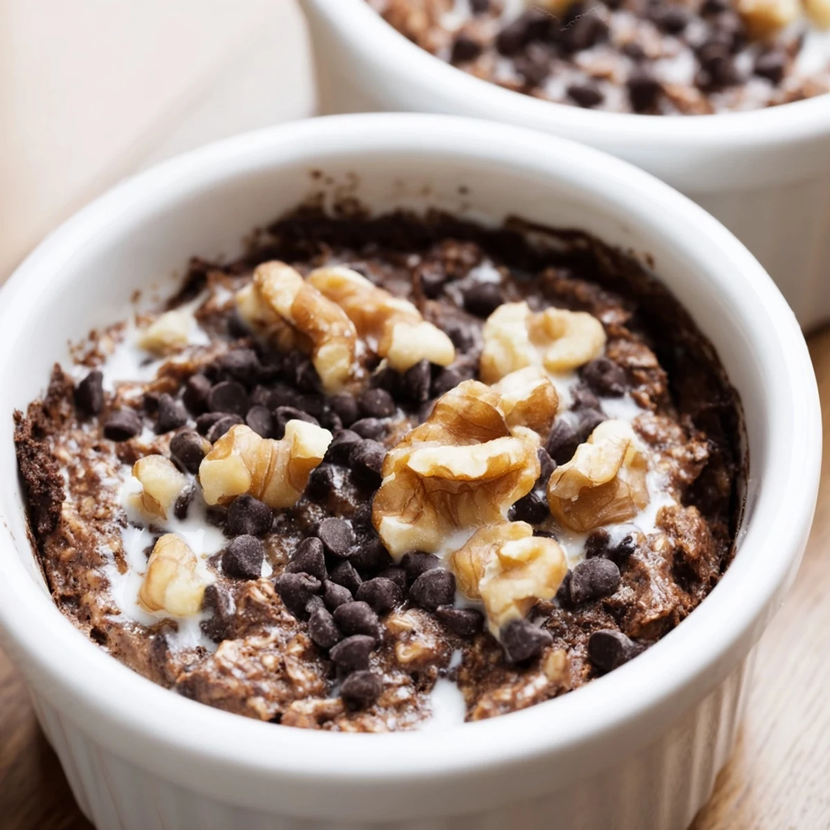 Freshly baked Easy Chocolate Baked Oats in a ceramic ramekin, showing a moist, fudgy interior studded with melted chocolate chips.