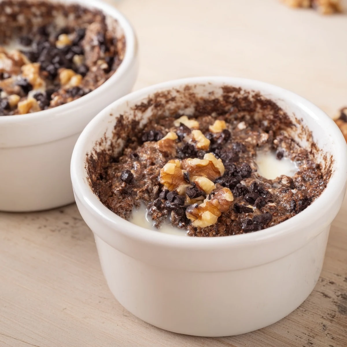 Warm and gooey Easy Chocolate Baked Oats topped with extra chocolate chips, served with a dollop of creamy vanilla yogurt.