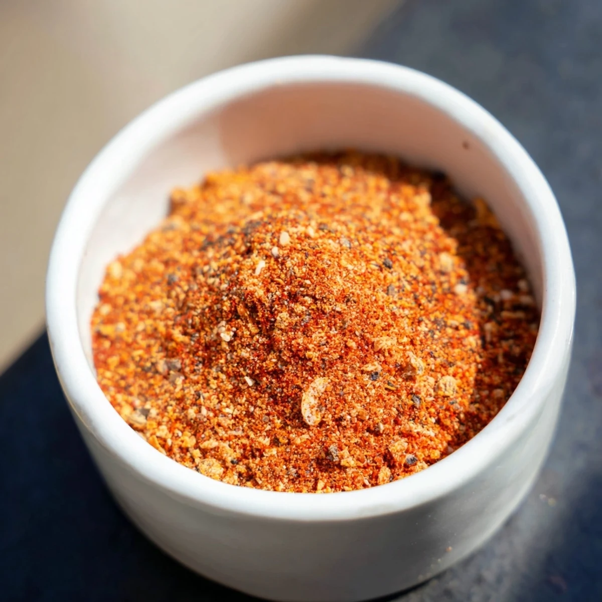 Close-up of the reddish-brown Easy Homemade Taco Seasoning Mix being spooned from a small bowl onto ground beef.  