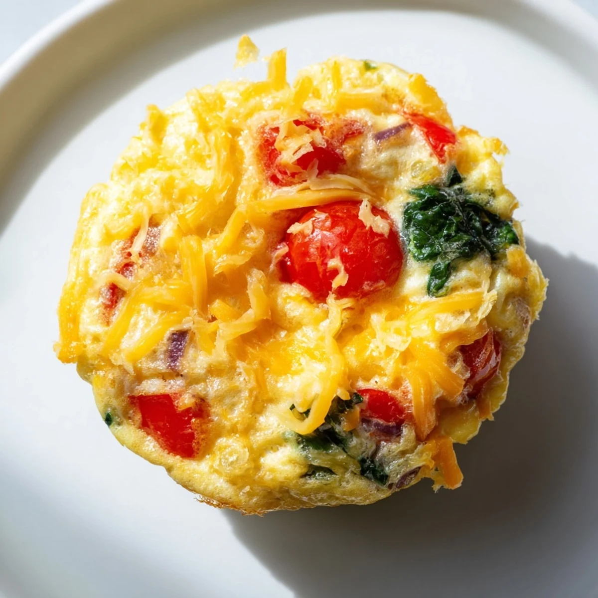 Freshly baked Best Frittata Egg Muffins with melted cheddar and spinach in a muffin tin.  