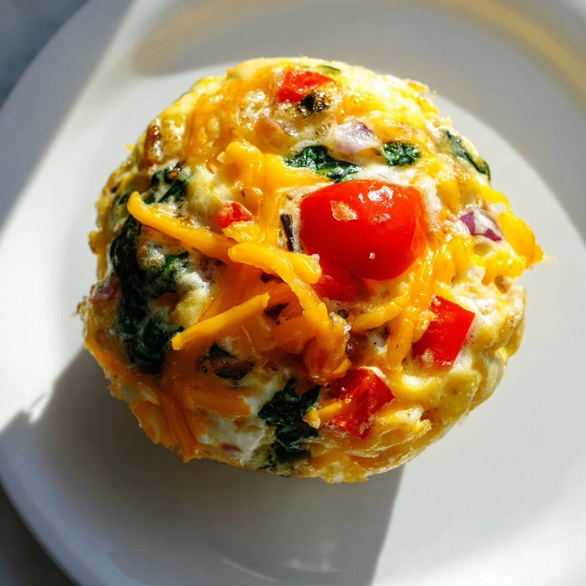 Close-up of fluffy Best Frittata Egg Muffins with red bell peppers and tomatoes visible inside.