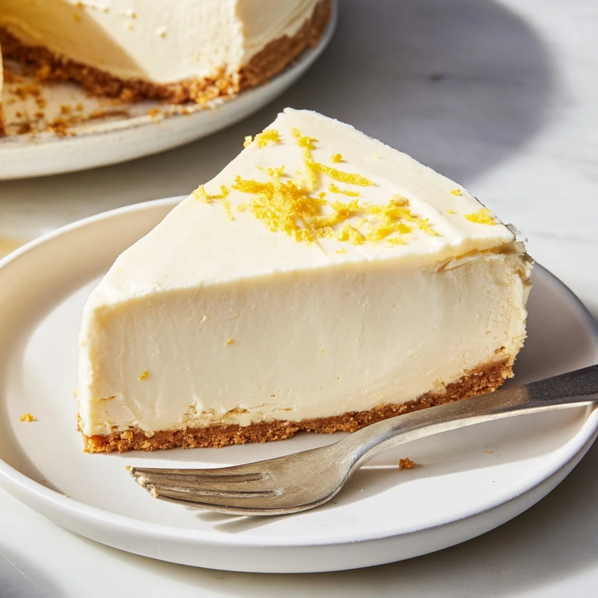 Freshly baked Greek Yogurt Cheesecake on a white plate with a graham cracker crust and creamy top.