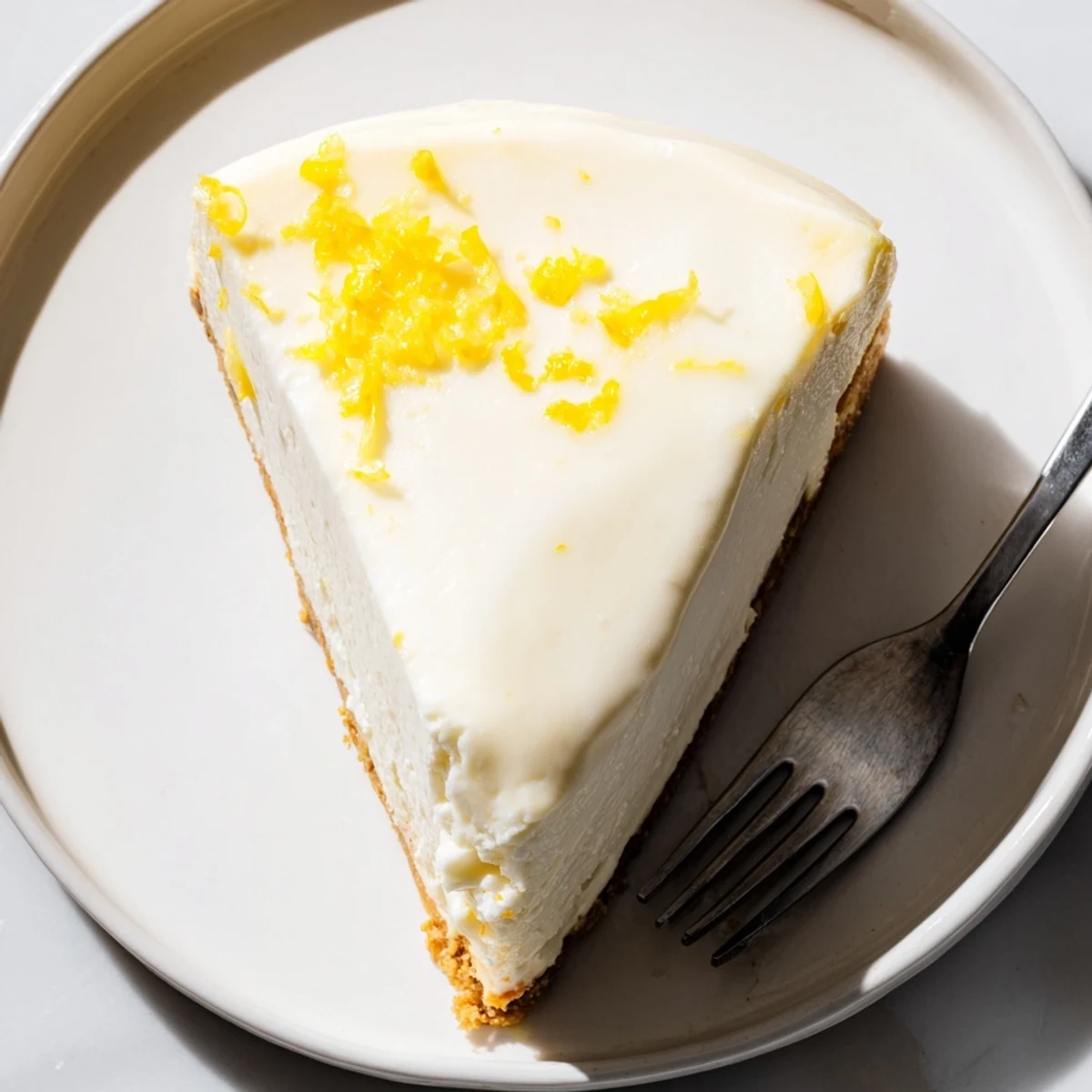 A fork holds a bite of Greek Yogurt Cheesecake, revealing a smooth and tangy lemon-infused filling.