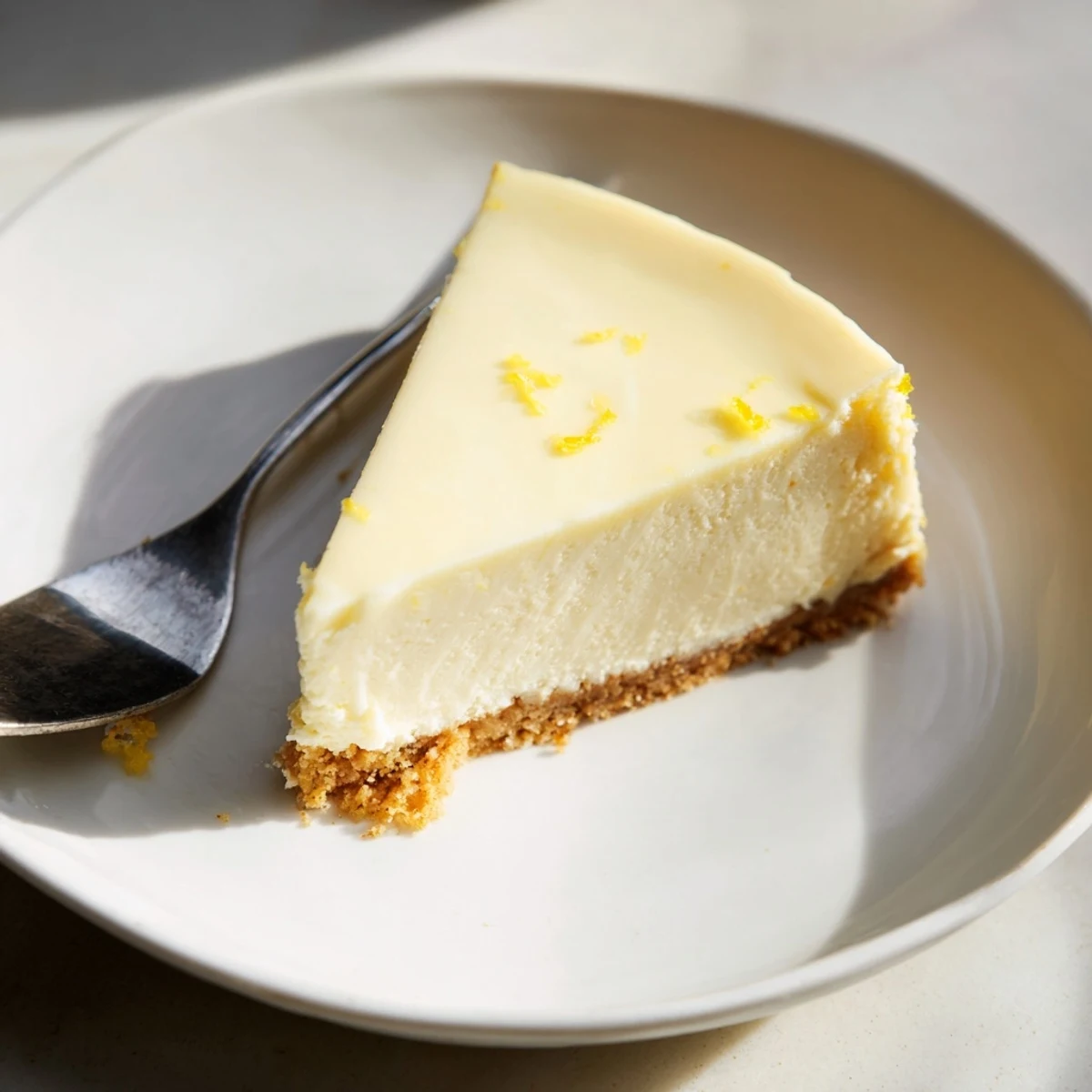 Sliced Greek Yogurt Cheesecake with a dollop of whipped cream and fresh berries on a marble surface.