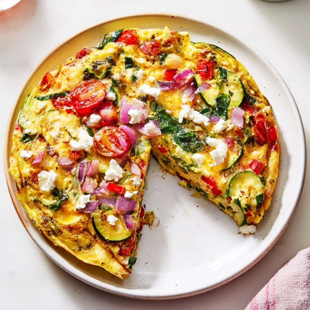 A close-up of Veggie Air Fryer Frittata, showcasing fluffy eggs, diced red bell pepper, and spinach in a round pan.