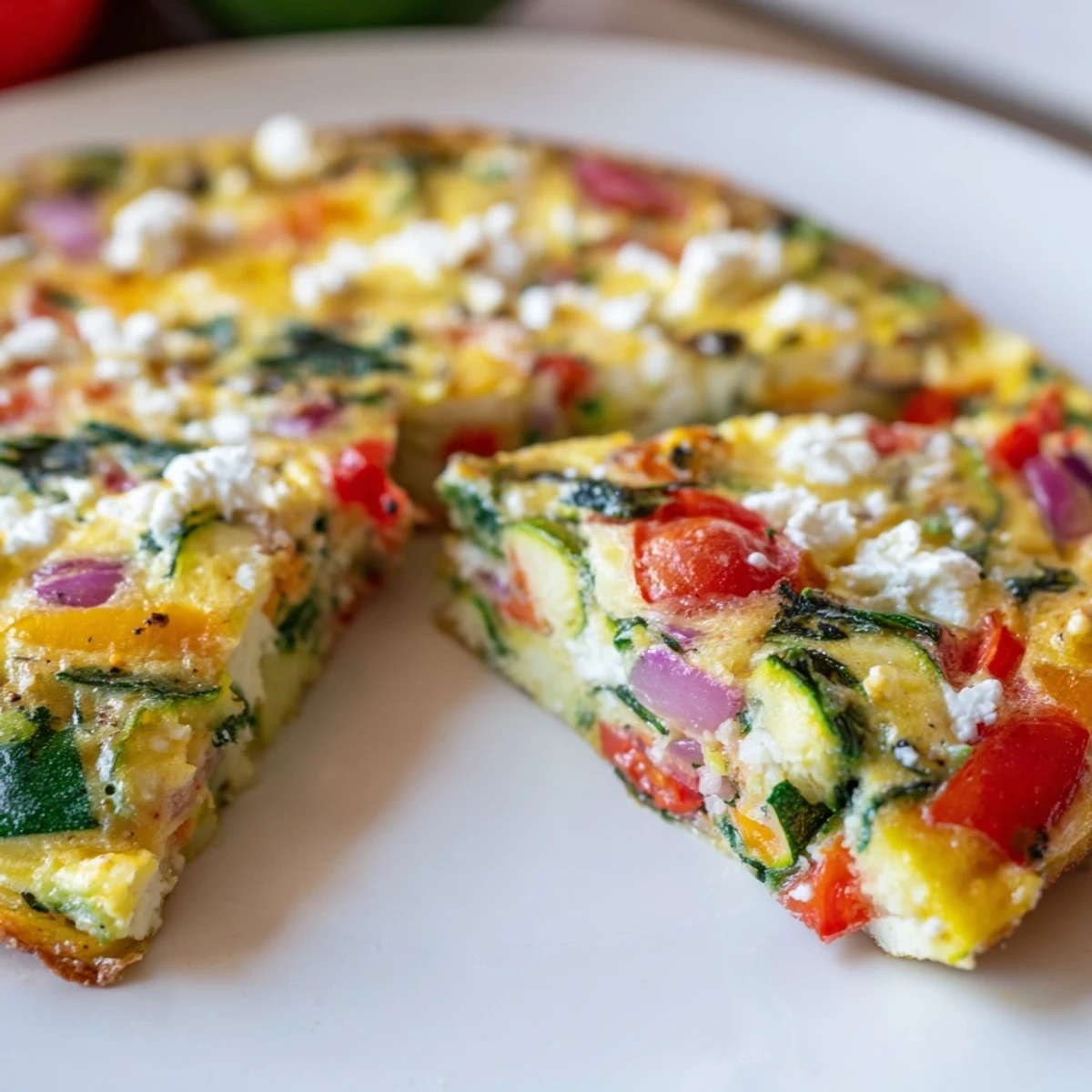 Freshly cooked Veggie Air Fryer Frittata rests on a white plate with a side salad, ready for a healthy brunch.