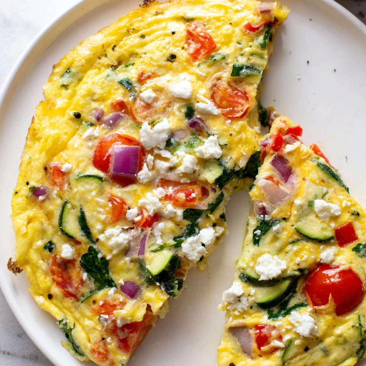 Sliced wedges of Veggie Air Fryer Frittata reveal colorful zucchini and red onion layers, steam rising from the golden top.
