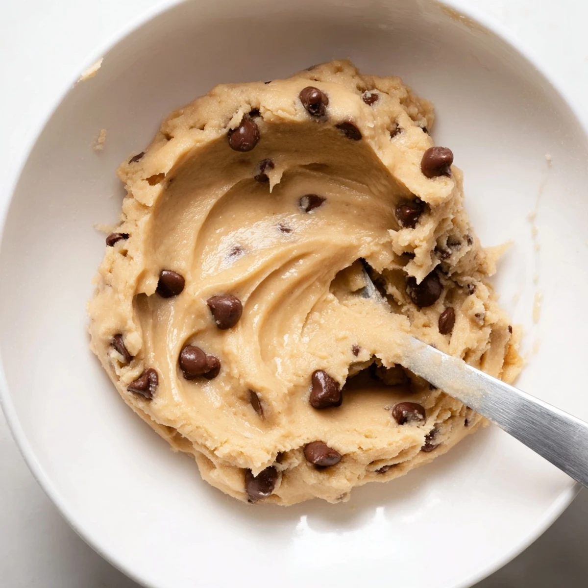 Chocolate Chip Greek Yogurt Cookie Dough in a bowl with a spatula, ready to eat with a glass of cold milk.