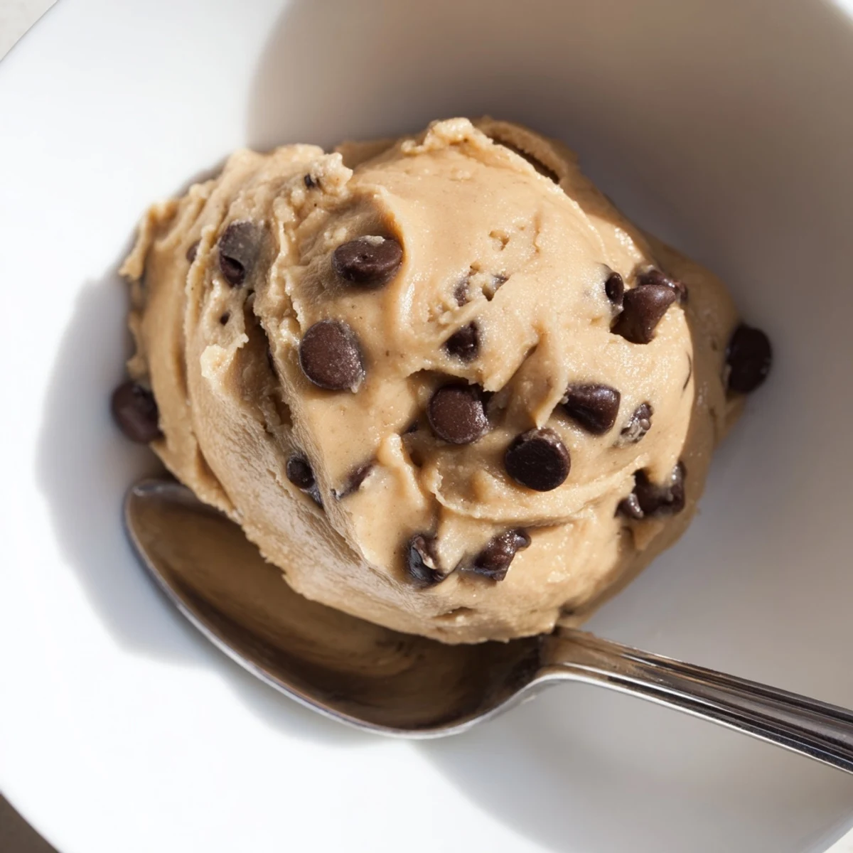 A jar of Chocolate Chip Greek Yogurt Cookie Dough is chilled, perfect for a healthy protein-packed snack or dessert.