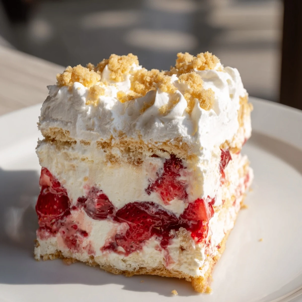 Creamy vanilla ice cream layers and fresh strawberries in this Easy Strawberry Shortcake Ice Cream Cake topped with crunchy crumble.