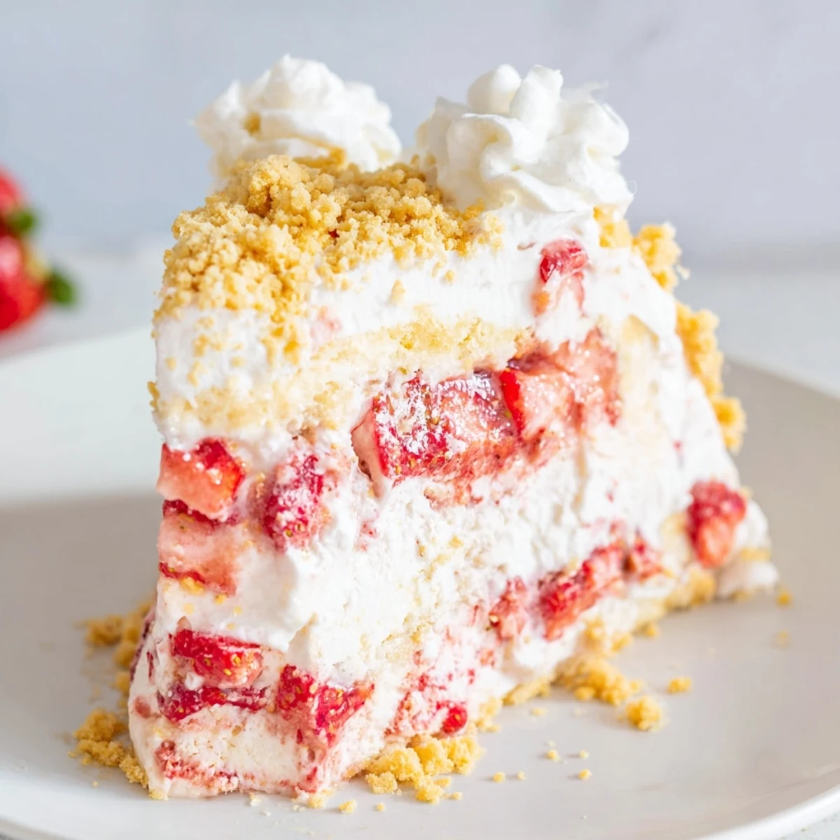 This Easy Strawberry Shortcake Ice Cream Cake features whipped cream and a golden cookie crumble crust for summer entertaining.