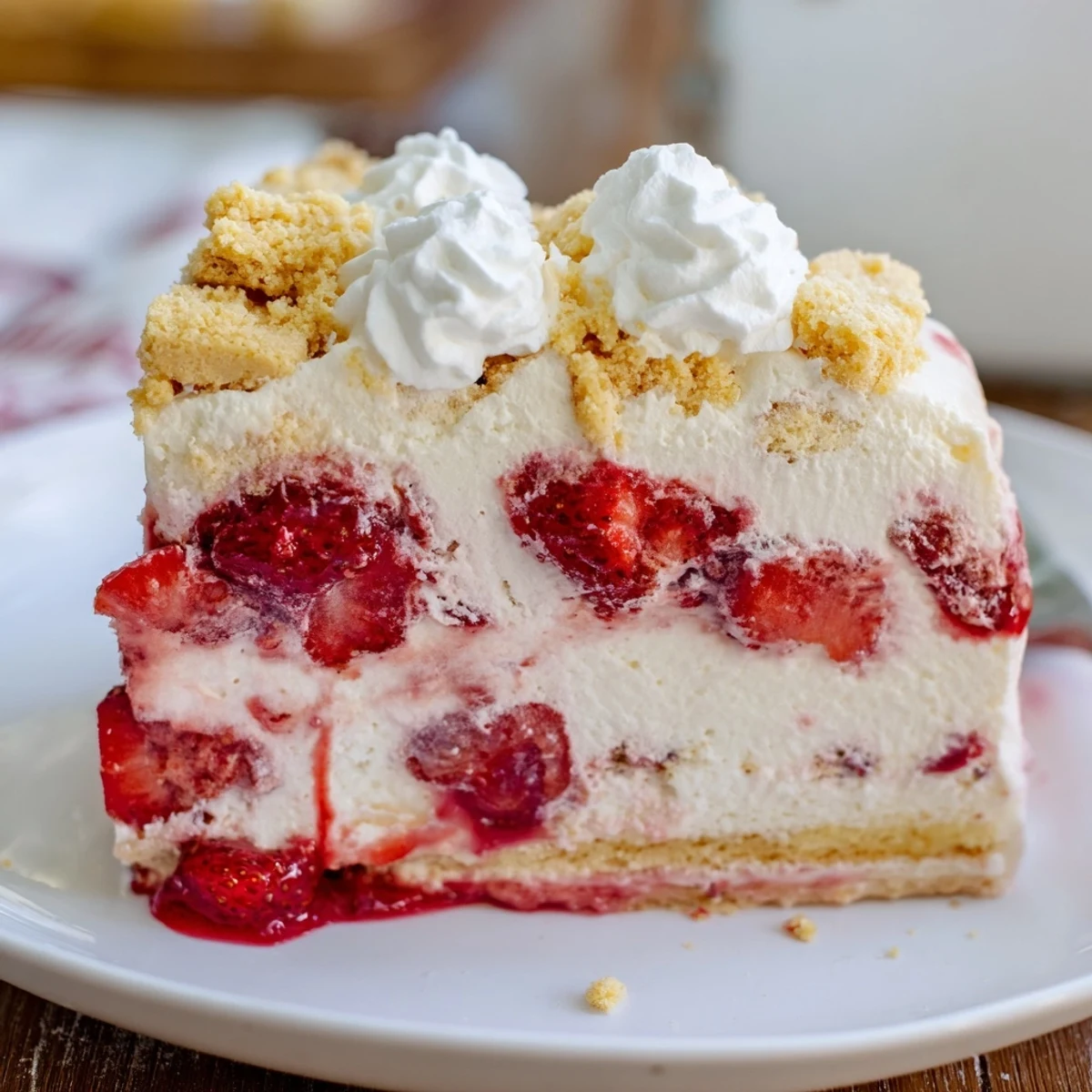 Sliced Easy Strawberry Shortcake Ice Cream Cake reveals strawberry jam filling, vanilla ice cream, and crumbly shortcake pieces on a plate.