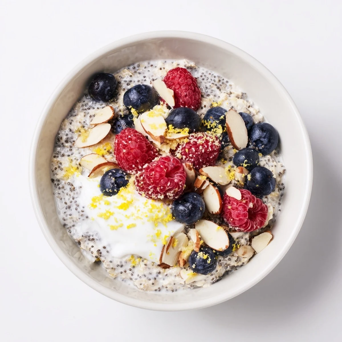 Creamy Vegan Lemon Poppy Seed Overnight Oats layered in a glass jar with fresh berries and a lemon wedge.