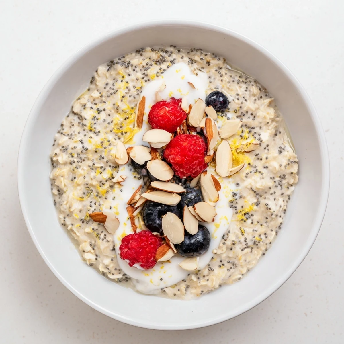 A close-up of Vegan Lemon Poppy Seed Overnight Oats in a rustic jar, topped with coconut yogurt and vibrant lemon zest.