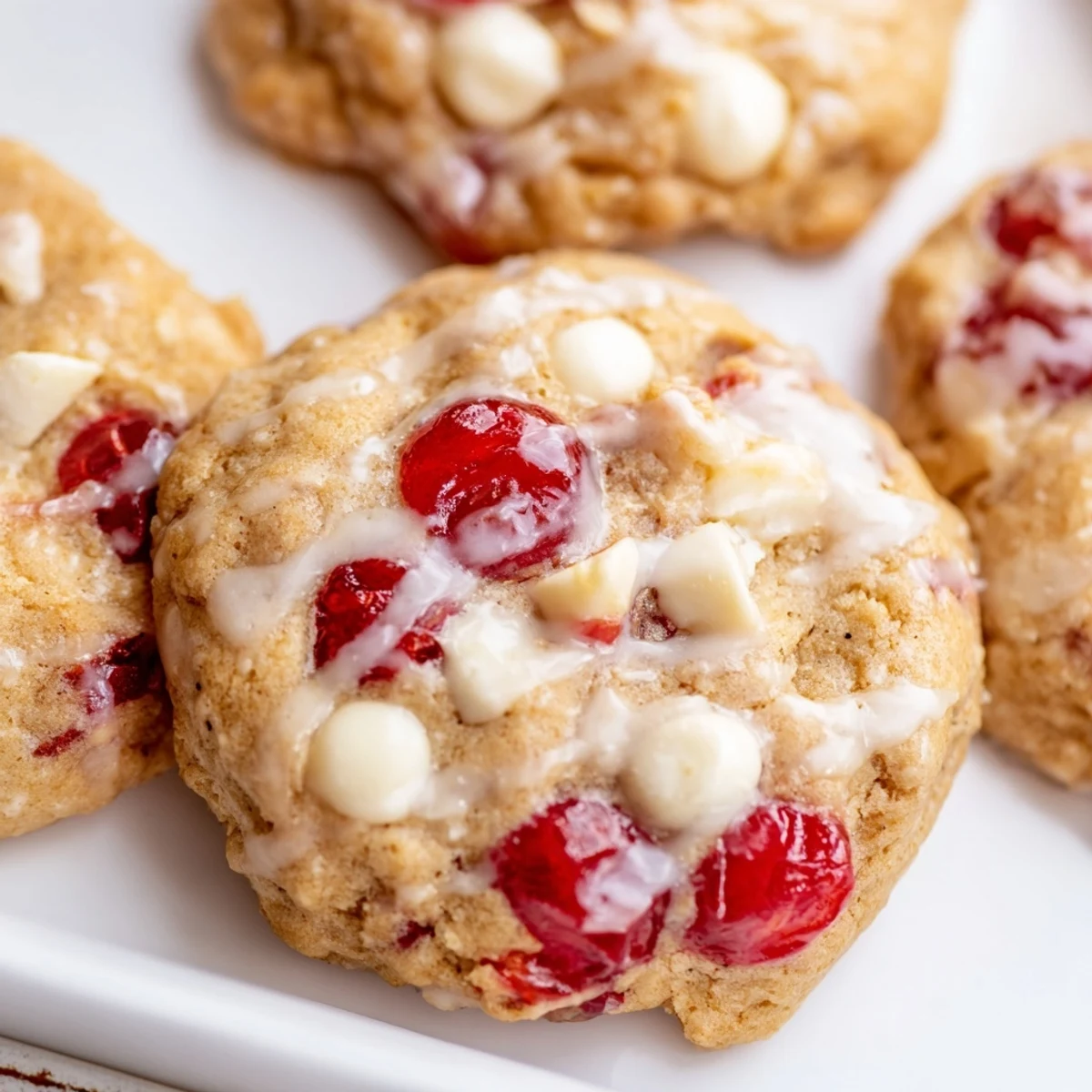 A close-up of Irresistible Maraschino Cherry Cookies with pink glaze dripping down the sides and white chocolate chips peeking out.  