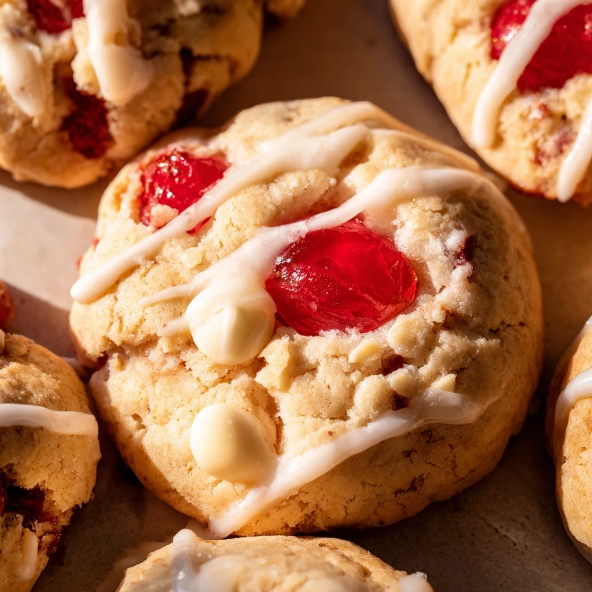 Golden-brown Irresistible Maraschino Cherry Cookies sit on a white plate, studded with red cherries and drizzled with sweet glaze.