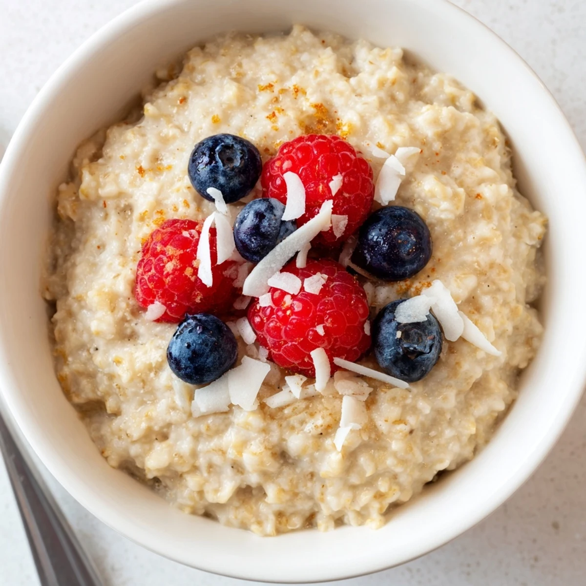 Two servings of Tasty Coconut Cream Oats topped with shredded coconut and raspberries, ready to eat with a wooden spoon.