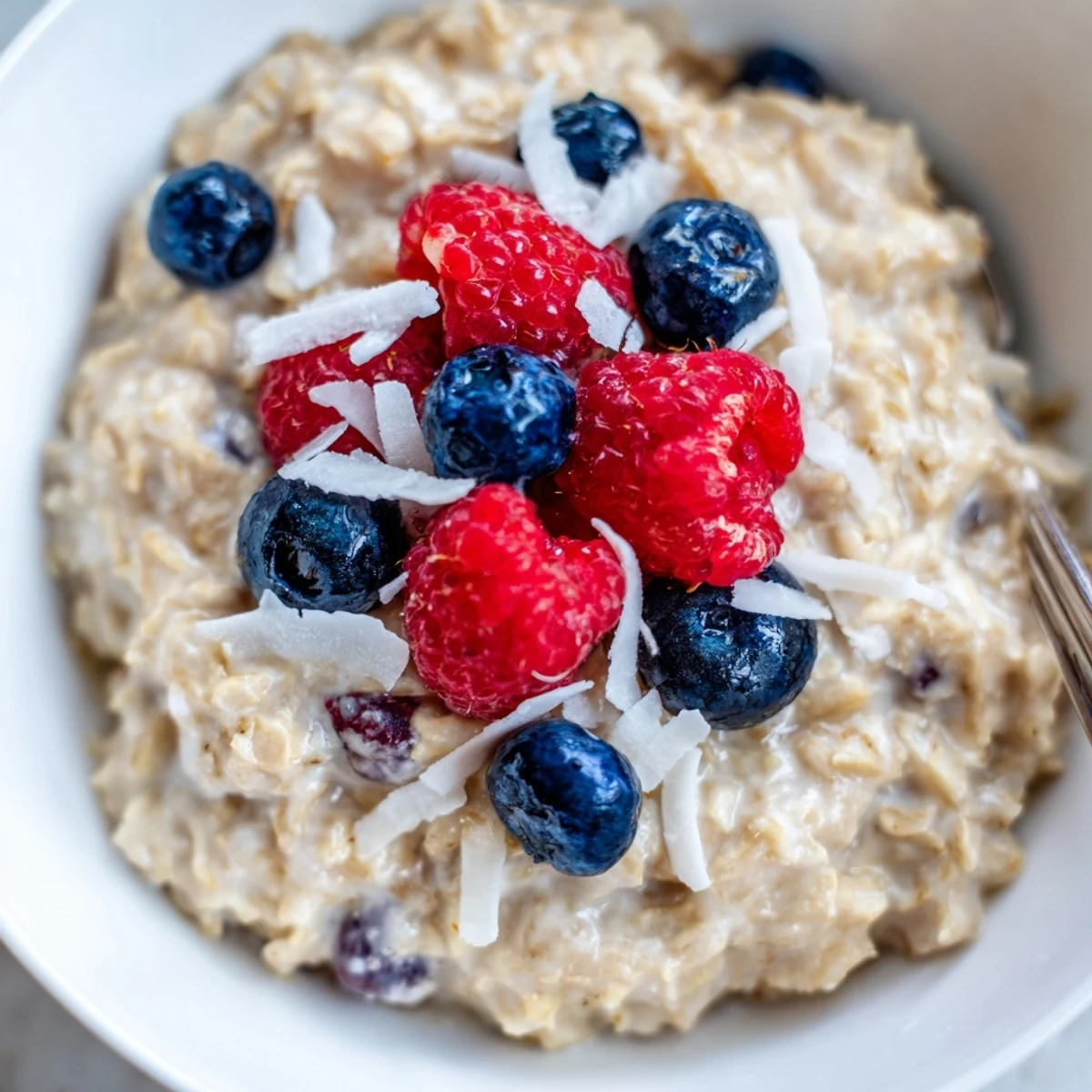 A warm bowl of Tasty Coconut Cream Oats, garnished with fresh blueberries and a drizzle of sweet maple syrup.