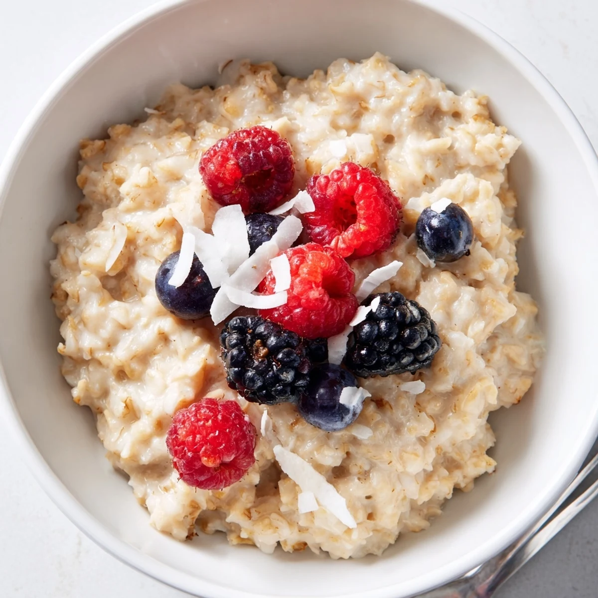 Close-up of creamy Tasty Coconut Cream Oats in a ceramic bowl, sprinkled with toasted coconut flakes for a satisfying breakfast.