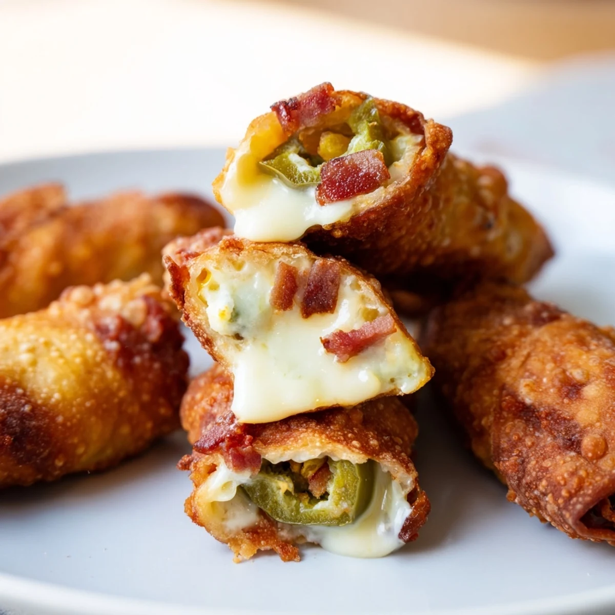 Golden-brown Bacon Jalapeno Popper Eggrolls on a plate, with crispy wrappers and creamy filling visible, served with a small dish of ranch.