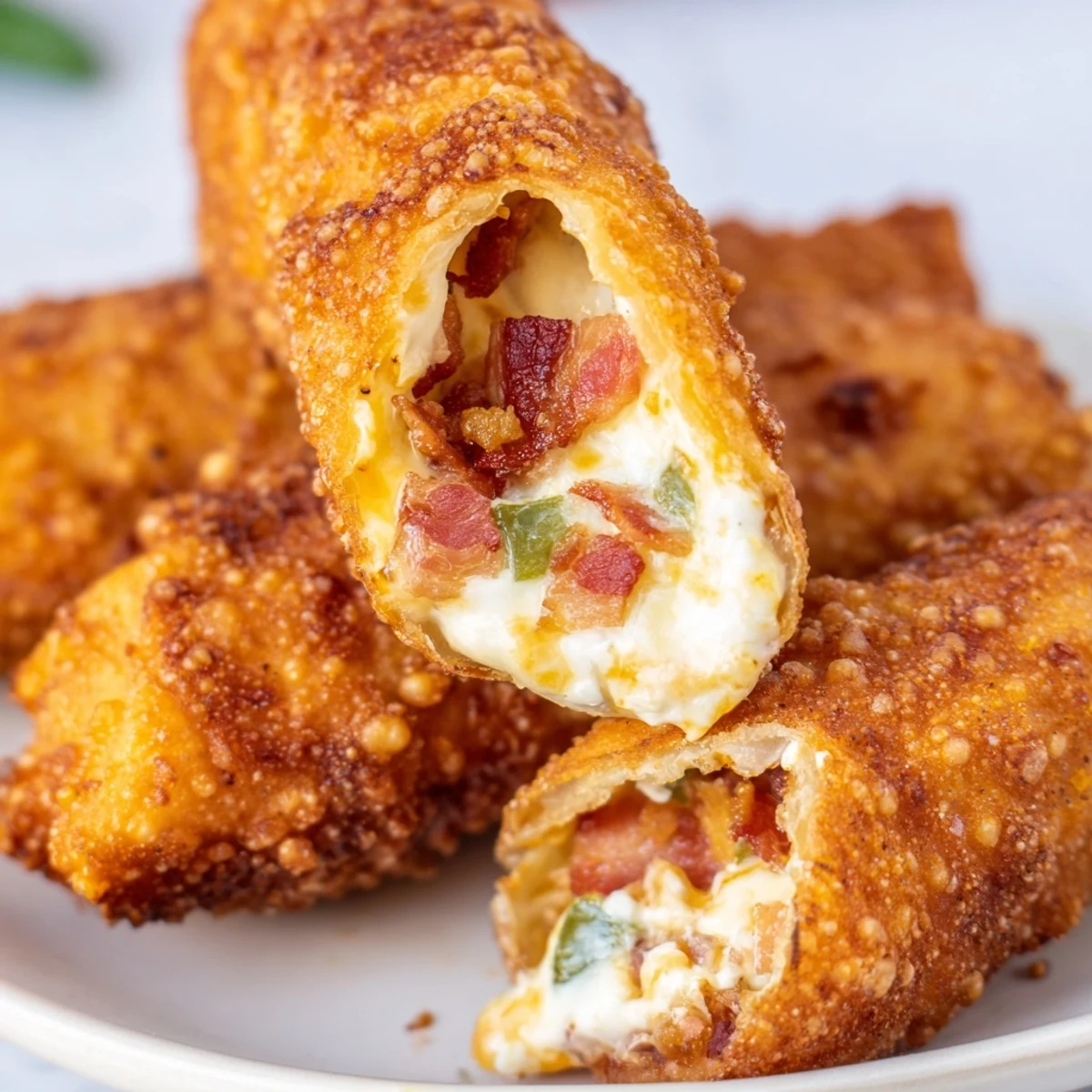 A close-up of Bacon Jalapeno Popper Eggrolls, showcasing the melted cheese, crumbled bacon, and spicy jalapeño bits inside the fried shell.
