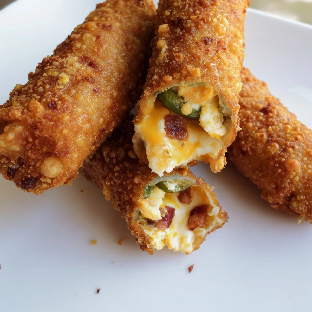 Platter of freshly fried Bacon Jalapeno Popper Eggrolls arranged with a side of dipping sauce, perfect for a party appetizer.