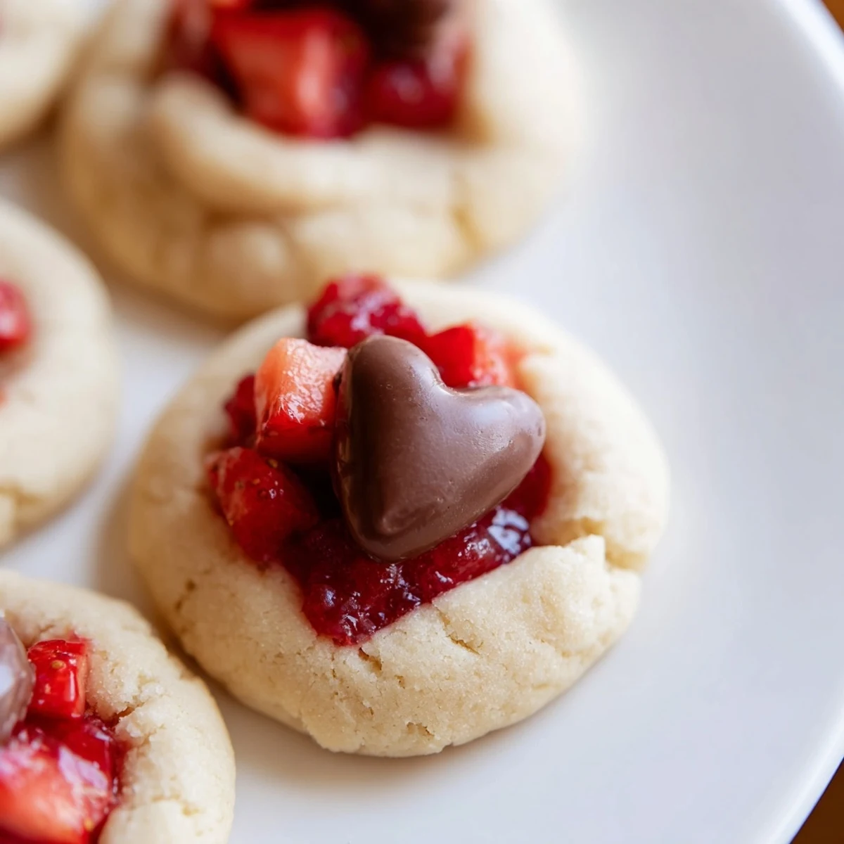 Golden-brown Strawberry Kiss Cookies rest on a cooling rack, topped with melted chocolate kisses and fresh strawberry pieces.