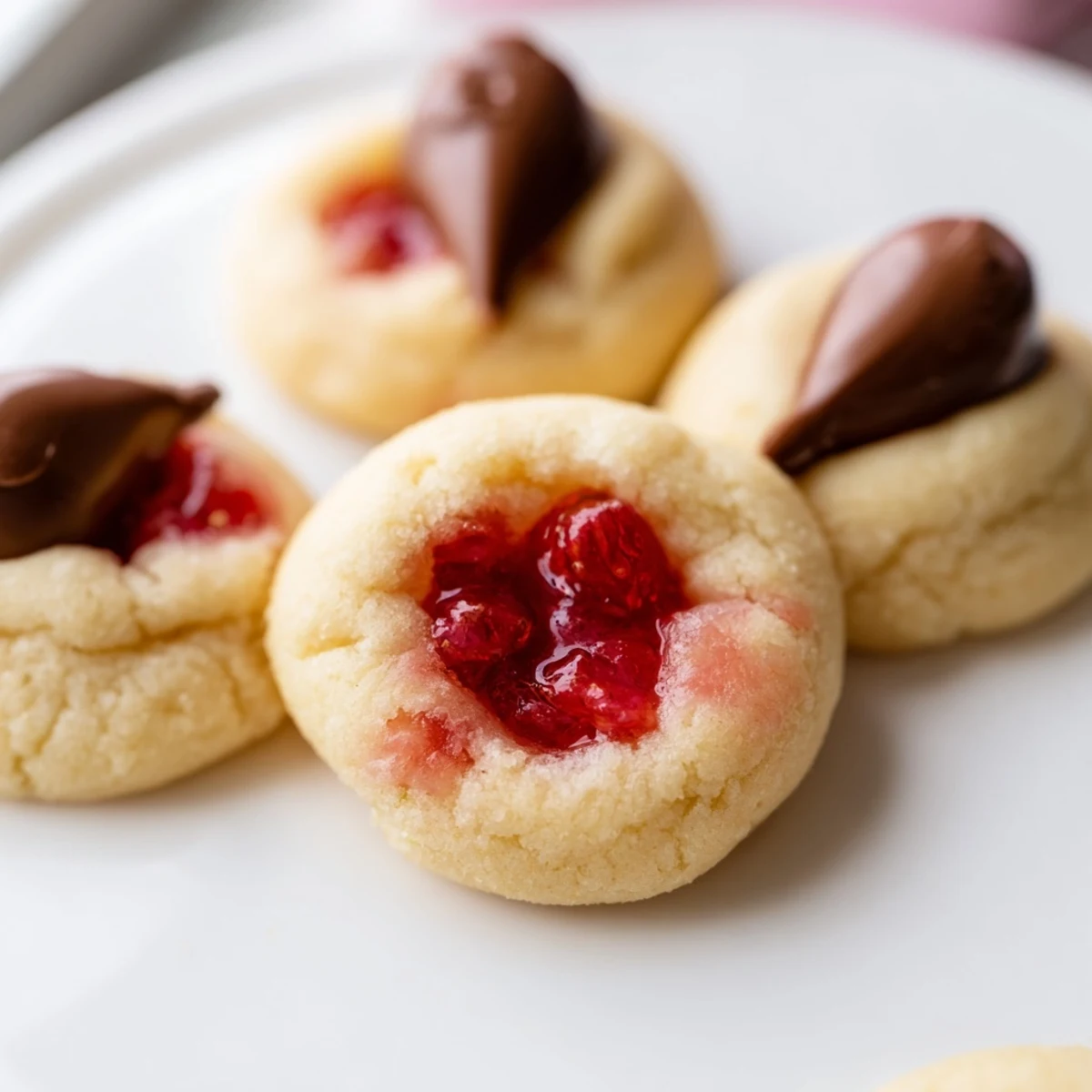 Warm Strawberry Kiss Cookies showcase strawberry flecks and Hershey Kisses, perfect for springtime dessert parties and tea.