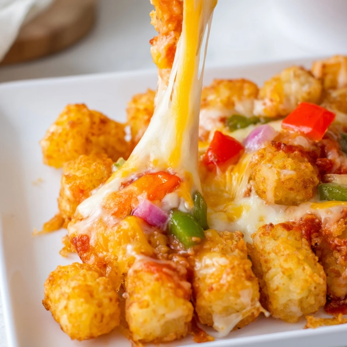 Golden-brown tater tots topped with melty mozzarella and pepperoni in this Cheesy Pizza Tot Casserole.