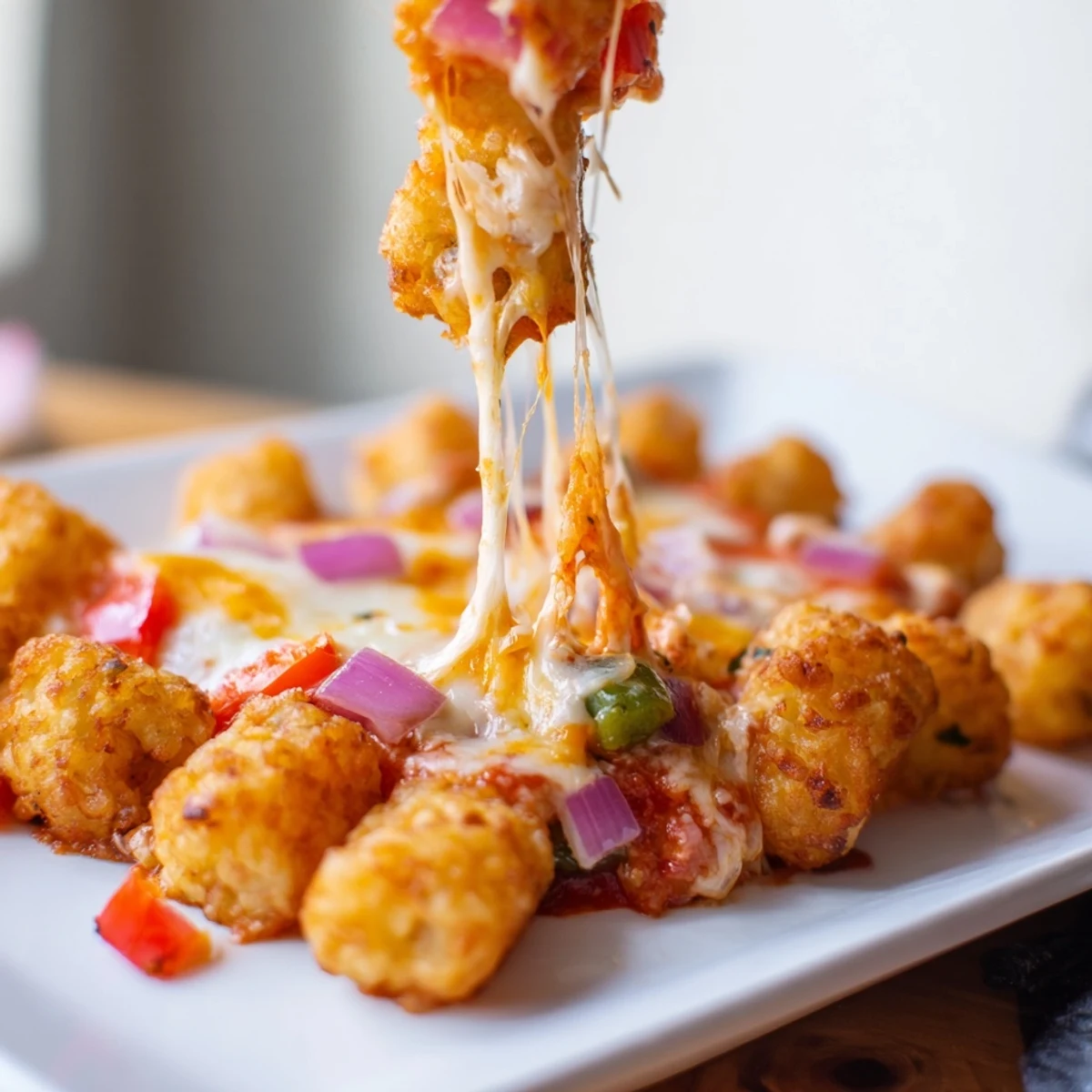 Fresh diced bell peppers and olives add a colorful, savory crunch to the baked casserole.