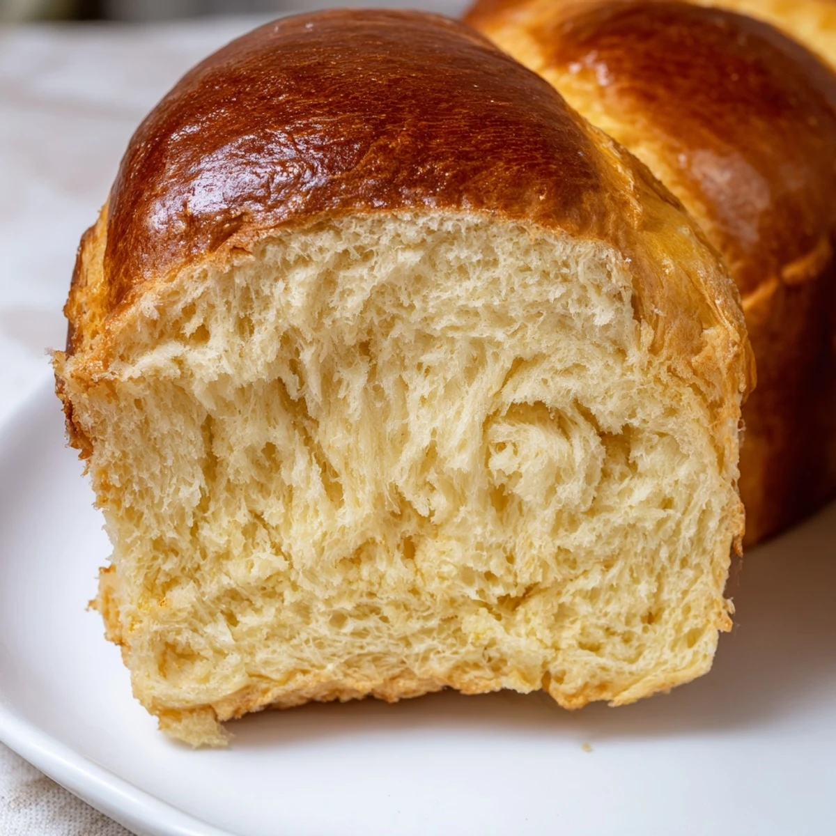 Freshly baked Milk Brioche loaf rests on a wooden board, showcasing a tender golden crust perfect for breakfast.