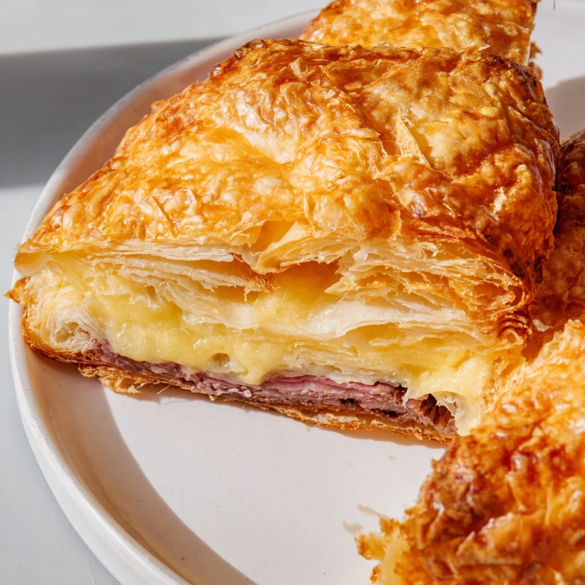 Steam rises from the warm, savory Easy Air Fryer Beef Ham Cheese Croissants served beside a dipping sauce.