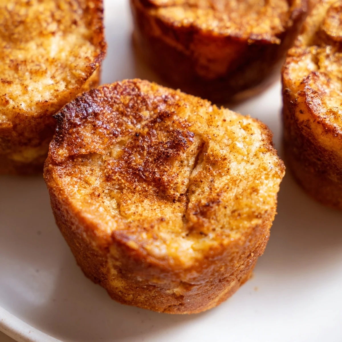 Golden-brown Protein French Toast Muffins topped with fresh berries on a white plate.