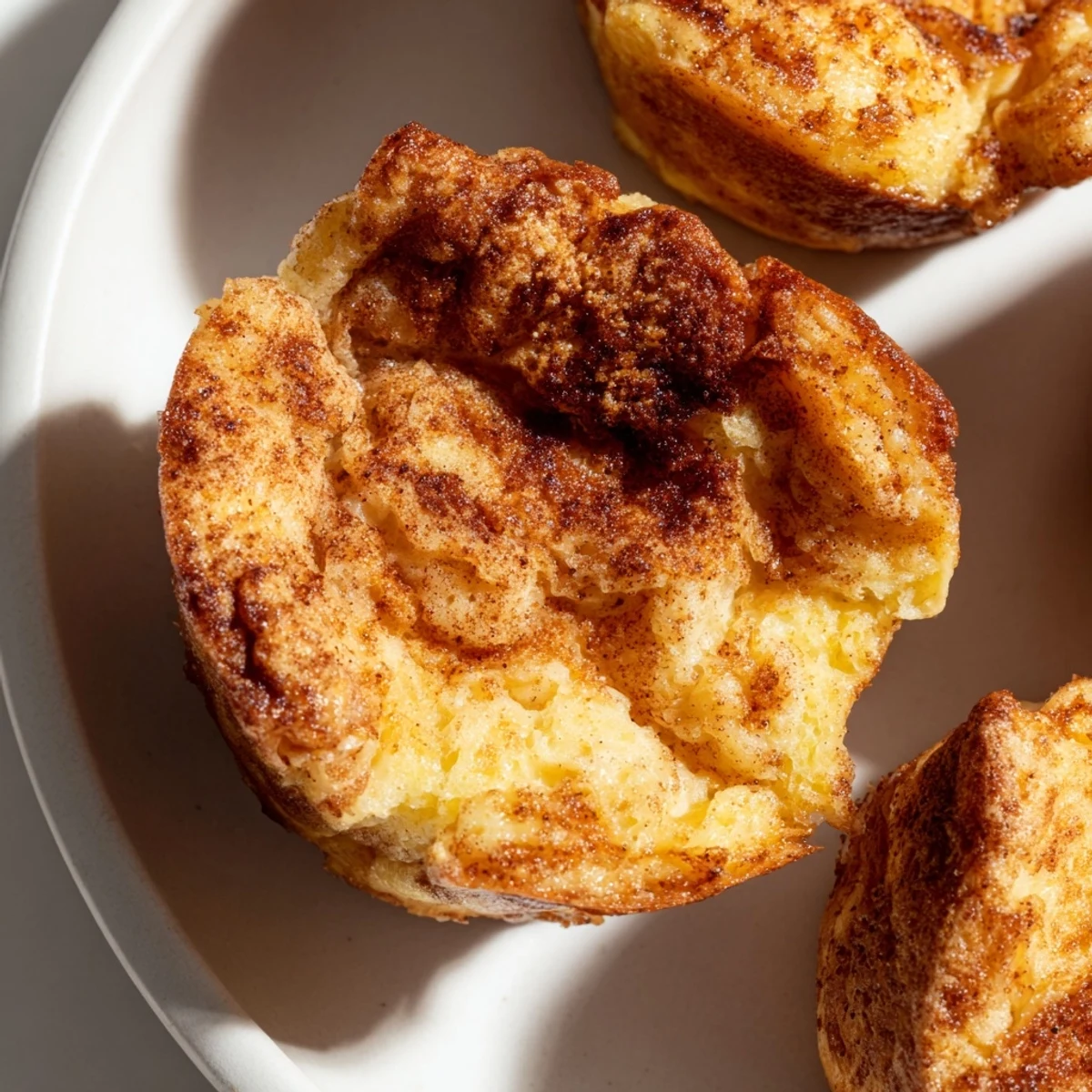A close-up of Protein French Toast Muffins studded with walnuts and chocolate chips.