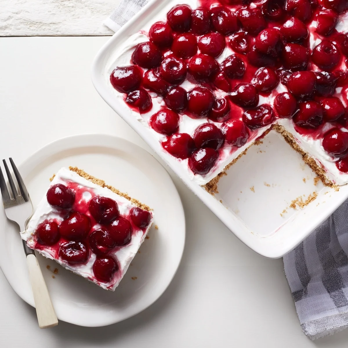 Close-up view of Classic Cherry Delight in a glass pan, showing glossy red cherries and creamy white layers on a golden crust.