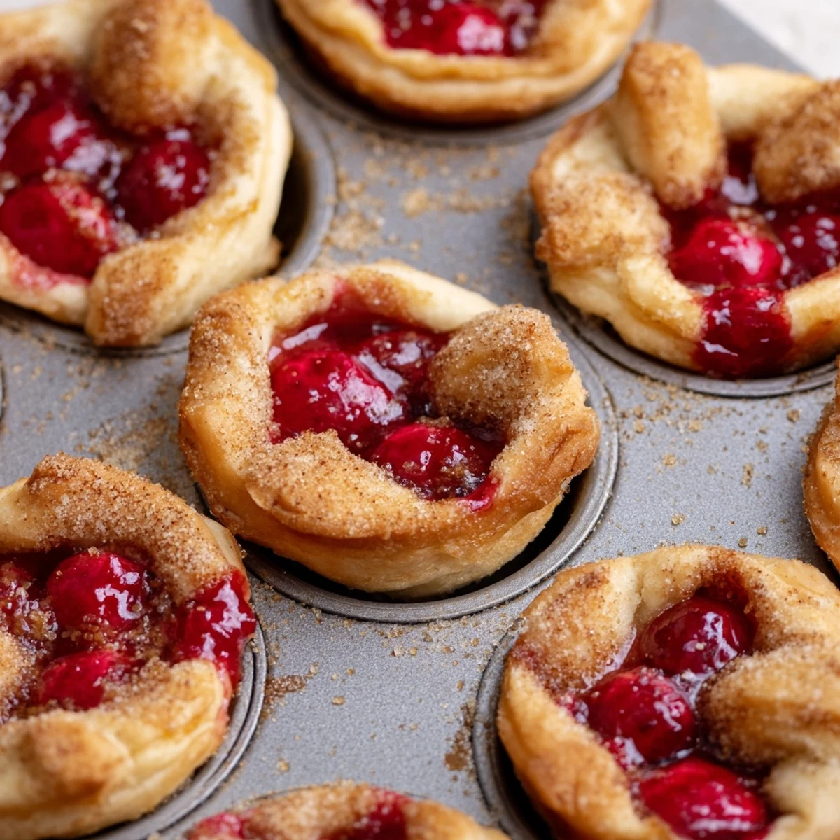 Golden, bubbly Quick Cherry Pie Bites fresh from the oven, with flaky pastry and a sweet red filling.