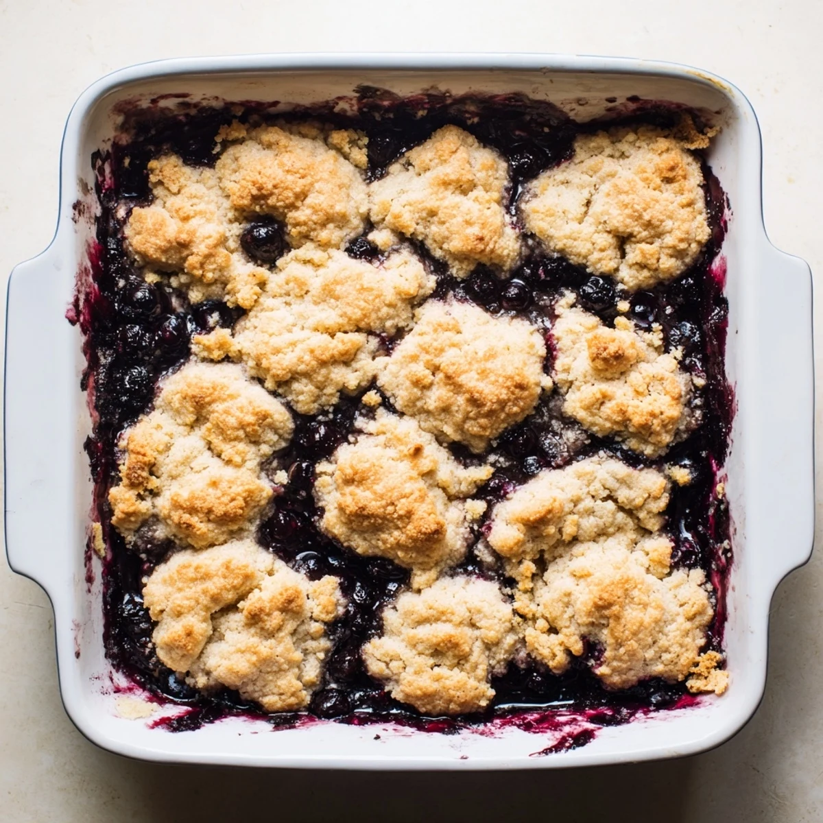 A close-up of Moist Blueberry Cobbler With Frozen Berries, golden biscuit topping bubbling over deep purple berries.