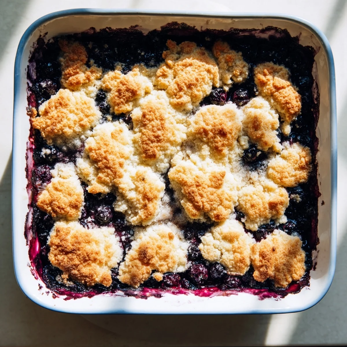 Serving suggestion for Moist Blueberry Cobbler With Frozen Berries, warm dessert beside a scoop of melting vanilla ice cream.