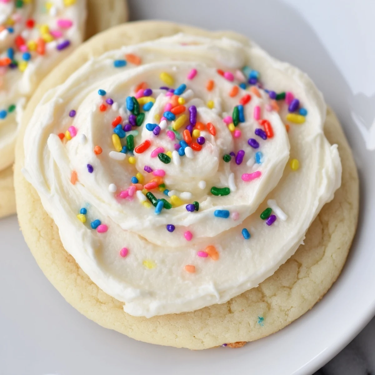 Freshly baked Soft Sour Cream Sugar Cookies With Cream Cheese Frosting on a cooling rack.