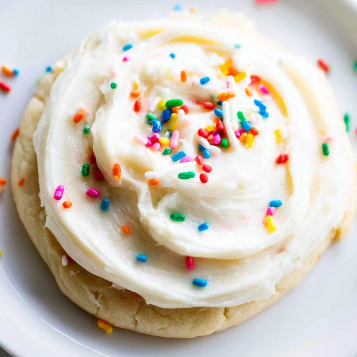Close-up of Soft Sour Cream Sugar Cookies With Cream Cheese Frosting on a marble counter.