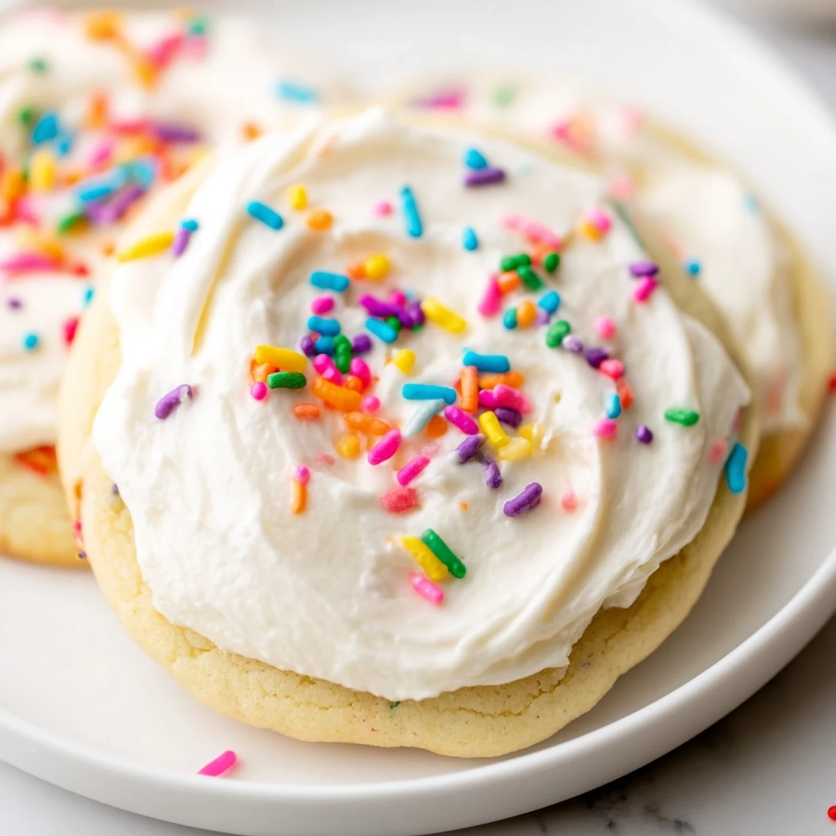 A stack of Soft Sour Cream Sugar Cookies With Cream Cheese Frosting with sprinkles.