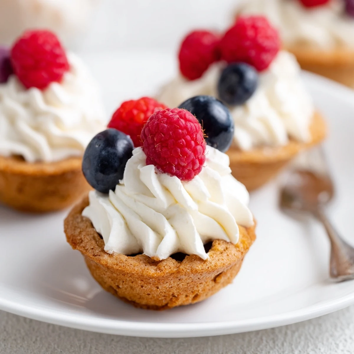 Golden-brown Sugar Cookie Cups sit in a muffin tin, each cup filled with fluffy vanilla cream and topped with fresh raspberries.