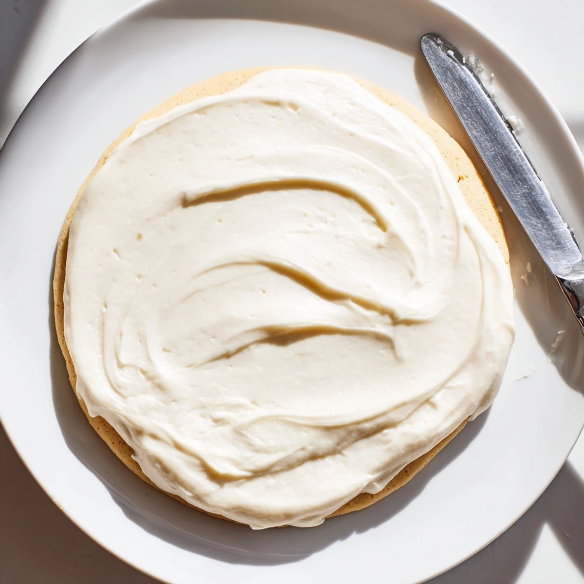 Freshly made Easy Sugar Cookie Frosting being spread smoothly on a cooled sugar cookie, creating a glossy white surface.