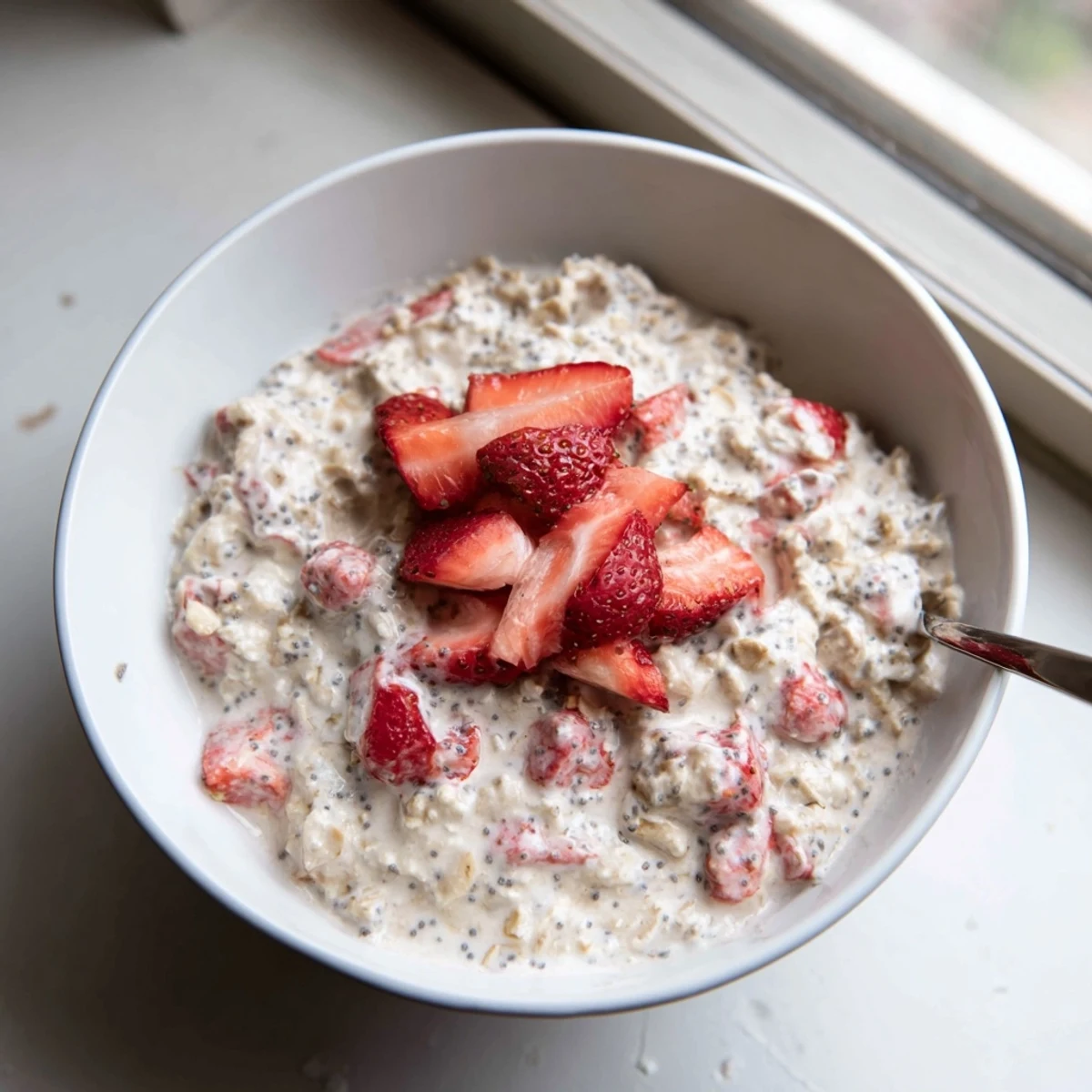 Creamy Strawberry Overnight Oats in a jar, topped with sliced fresh strawberries and a drizzle of honey.