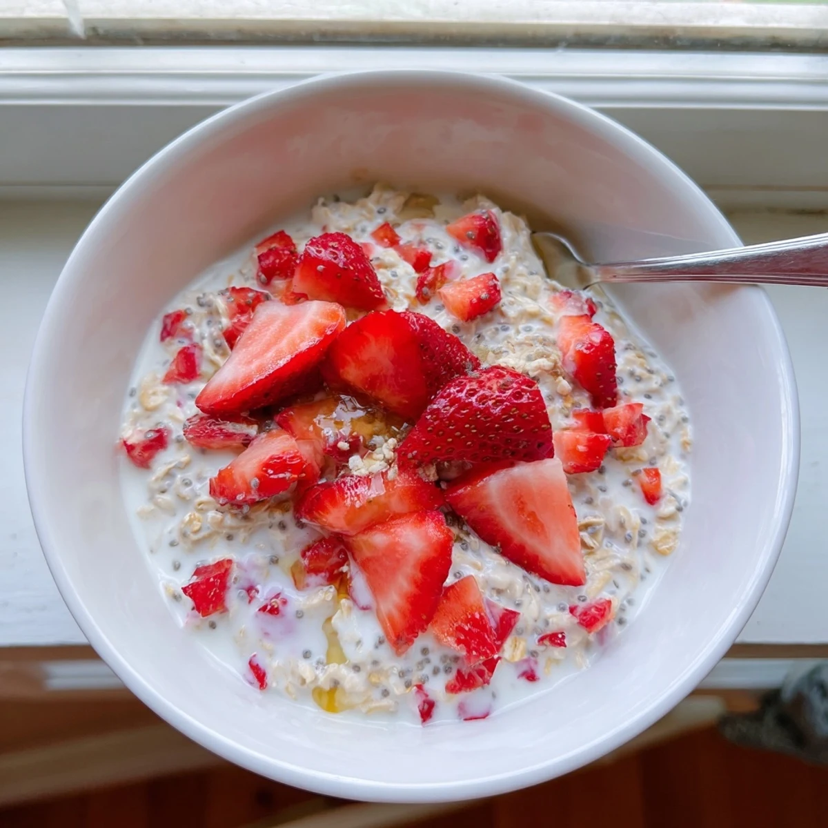 Healthy Strawberry Overnight Oats served chilled in a glass jar with fresh strawberry slices and almond toppings.