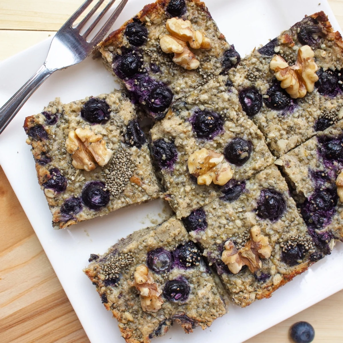 A close-up of High Protein Banana Blueberry Breakfast Bake showing a golden baked oatmeal with visible banana slices and plump blueberries.
