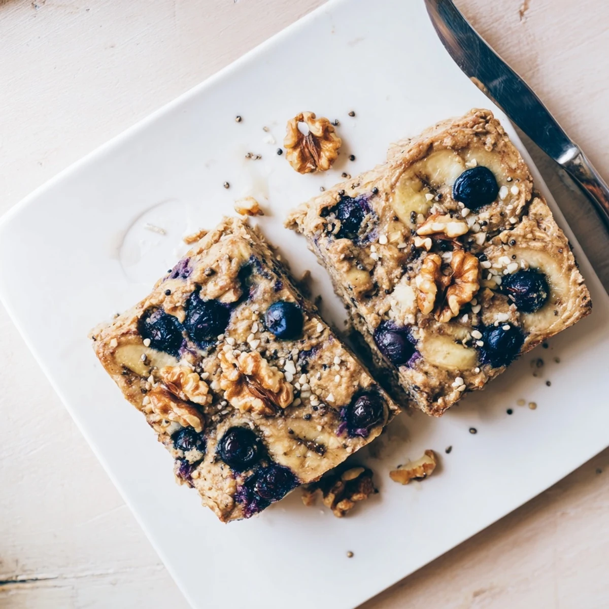 The High Protein Banana Blueberry Breakfast Bake is served warm from the oven, highlighting its fluffy texture and abundant berries.